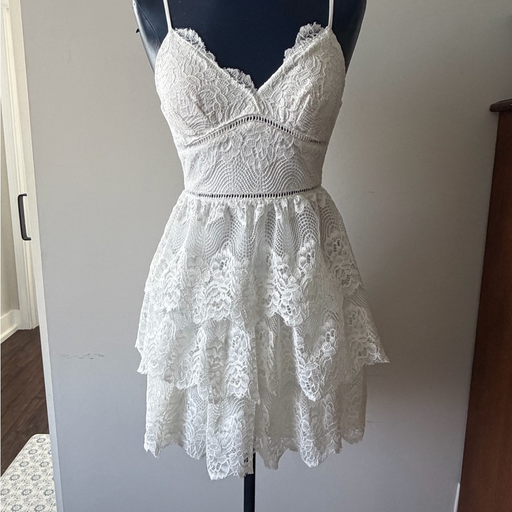 White Lace Tiered Spaghetti Strap Mini Dress
